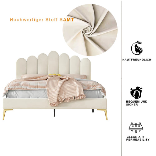 Upholstered Bed 140x200 cm, Bed Frame With Headboard And Slatted Frame, Adult-Youth In Skin-Friendly Velvet Fabric - vue 3 sur 6