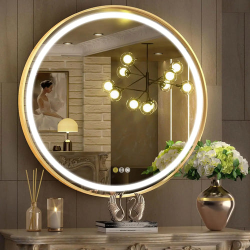 600mm Round LED Mirror Illuminated Lighted Wall Hanging Bathroom Mirror, Anti-fog, Golden/ Black Frame for Bathroom Entryway - vue 4 sur 8