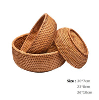 HeMu-Round Rattan Woven Basket, Wicker Fruit Basket, Bread Food, Kitchen Home Decor, Organizer Breadbasket for Kitchen