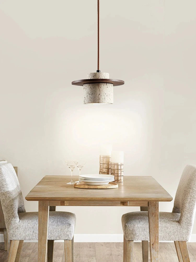 Suspension style japonais led vintage en pierre et bois - vue 4 sur 7