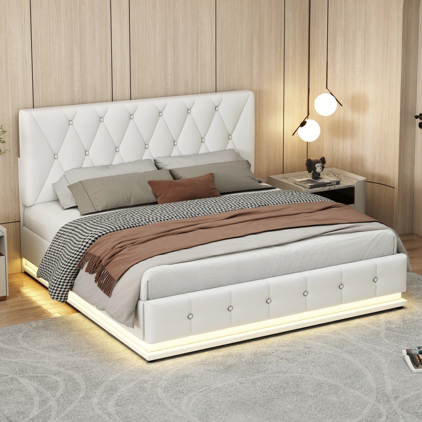 Upholstered Bed 140 x 200 cm with LED Lighting, Double Bed with Slatted Frame and Storage Space,No Mattresses - vue 3 sur 7