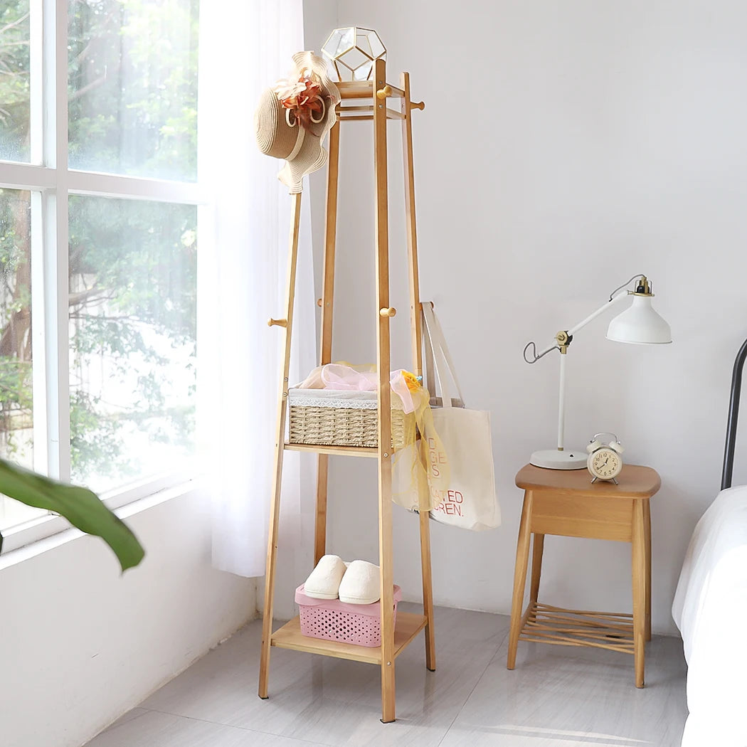 porte-manteau en bambou sur pied avec étagère de rangement - vue 5 sur 7