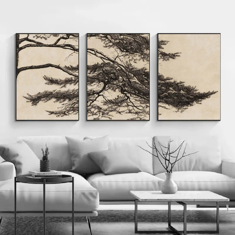 Vintage rustic pine branch triptych canvas wall art - vue 5 sur 7