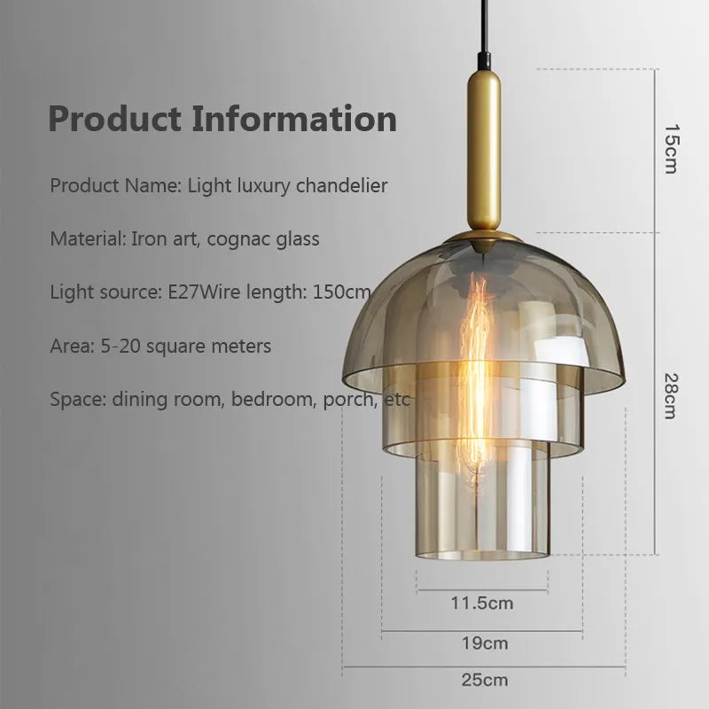 Rétro LED verre suspension nordique Cognac Luminaires 2/3 couche salon décor suspendu éclairage salle à manger chambre Luminaires - vue 5 sur 8