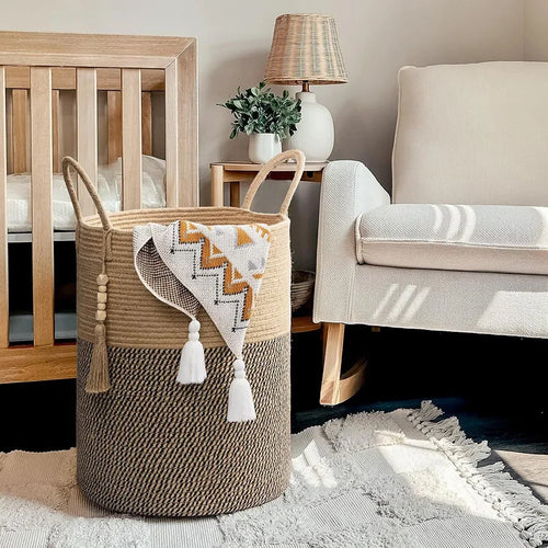 grand panier de rangement tissé avec poignées en coton pliable