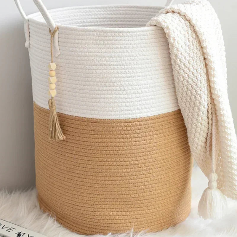 grand panier à linge tissé avec poignées en coton pliable - vue 5 sur 10