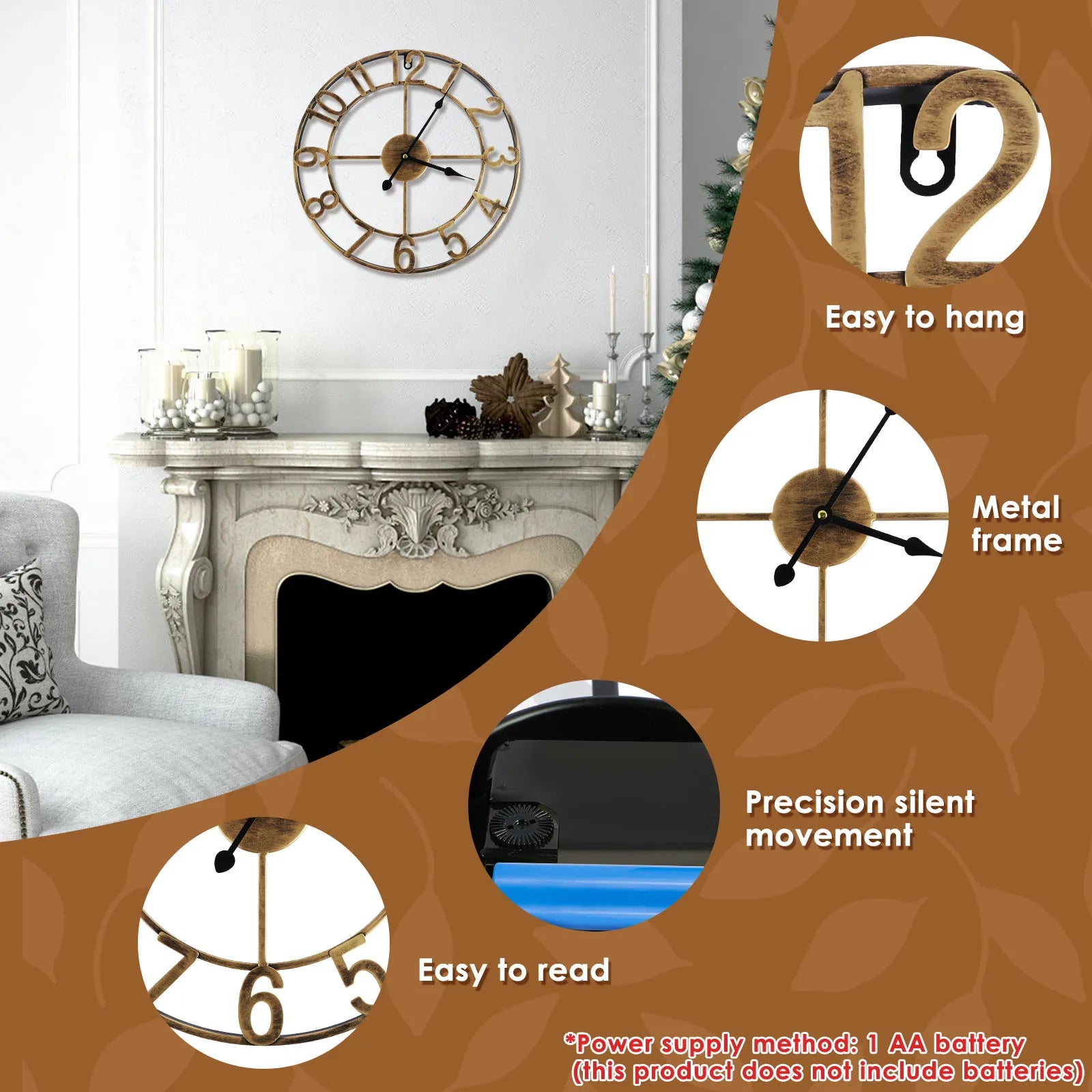 horloge murale vintage silencieuse en fer rustique 16 pouces - vue 9 sur 8