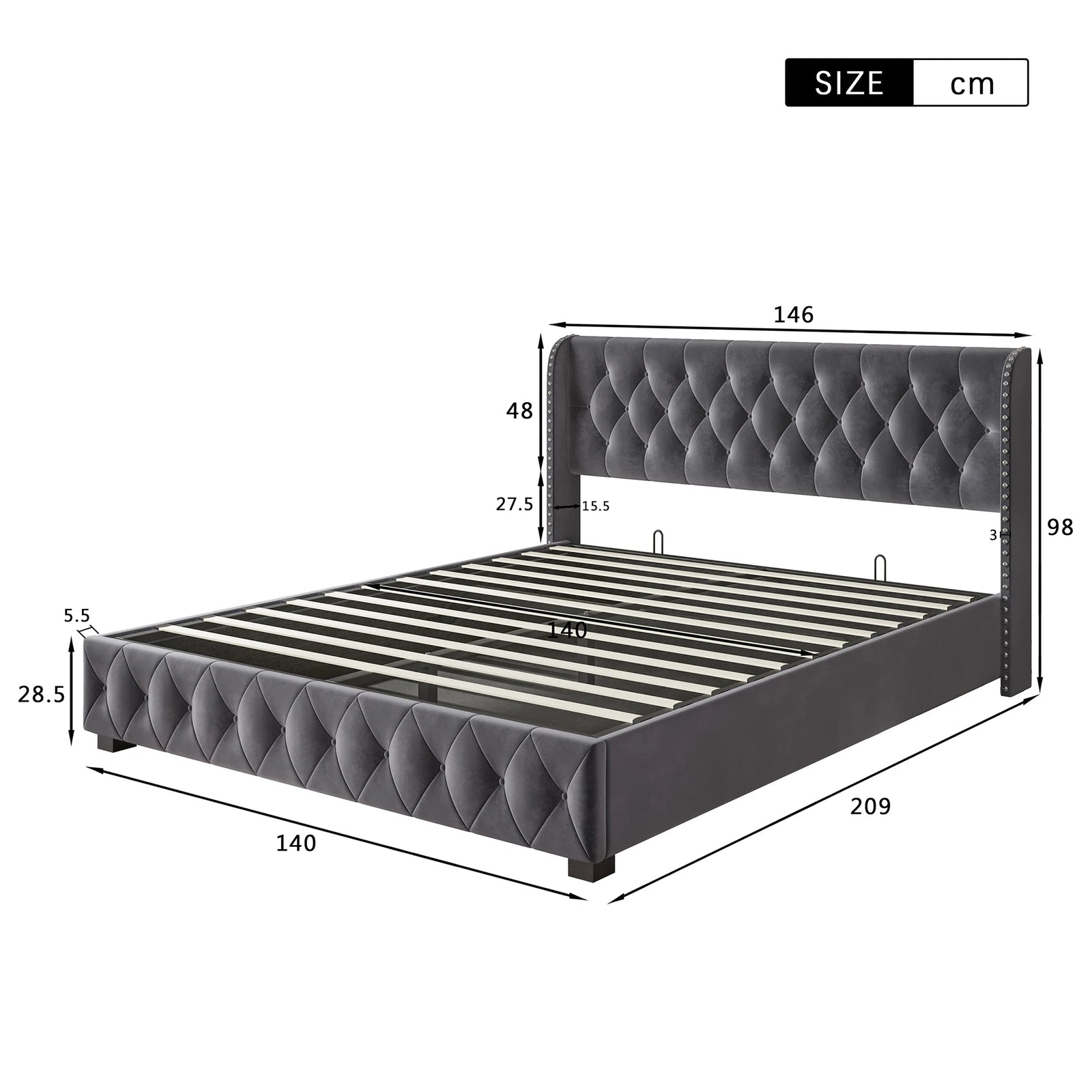 Modern Velvet Upholstered Bed 180 x 200 cm, Bed with Padded Headboard, Bed for Bedroom and Guest Room, Velvet, Without Mattress