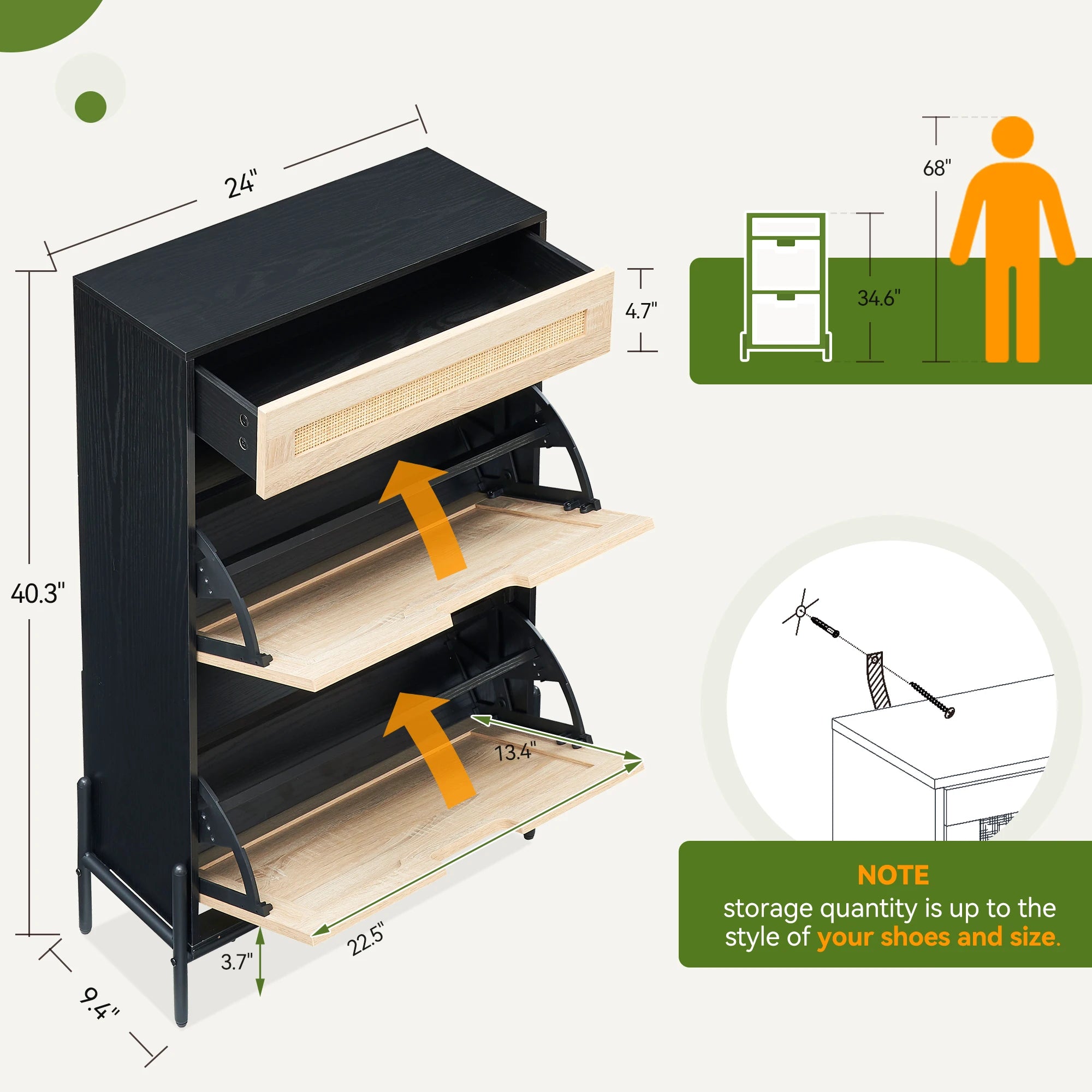 Natural Rattan Storage Cabinet with 2 Flip Door 1 Drawer Freestanding Entrance Shoe Cabinet, Modern Narrow Entry Way Cabinet - vue 4 sur 6