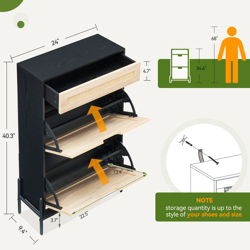 Natural Rattan Storage Cabinet with 2 Flip Door 1 Drawer Freestanding Entrance Shoe Cabinet, Modern Narrow Entry Way Cabinet - vue 5 sur 6