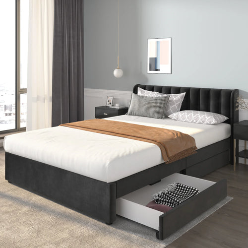 VSOGA Upholstered Bed 180 X 200 Cm Velvet With Slatted Backrest 2 Drawers, Black，160 X 200 Cm, Gray - vue 3 sur 8