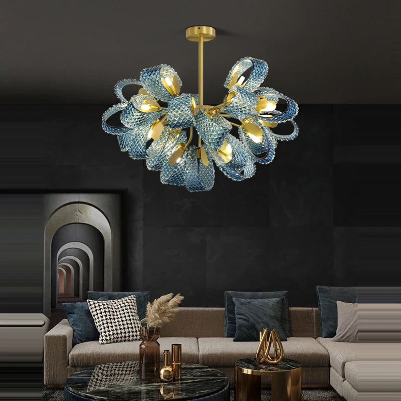 lustre artistique en verre de cristal avec led or - vue 5 sur 21
