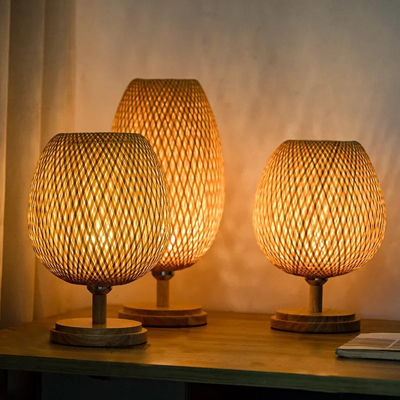 lampe de bureau vintage en bambou artisanale en bois naturel - vue 4 sur 14