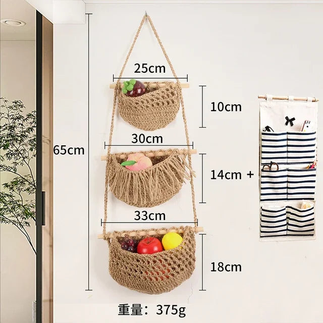 paniers suspendus en macramé lot de trois niveaux de rangement - vue 9 sur 9