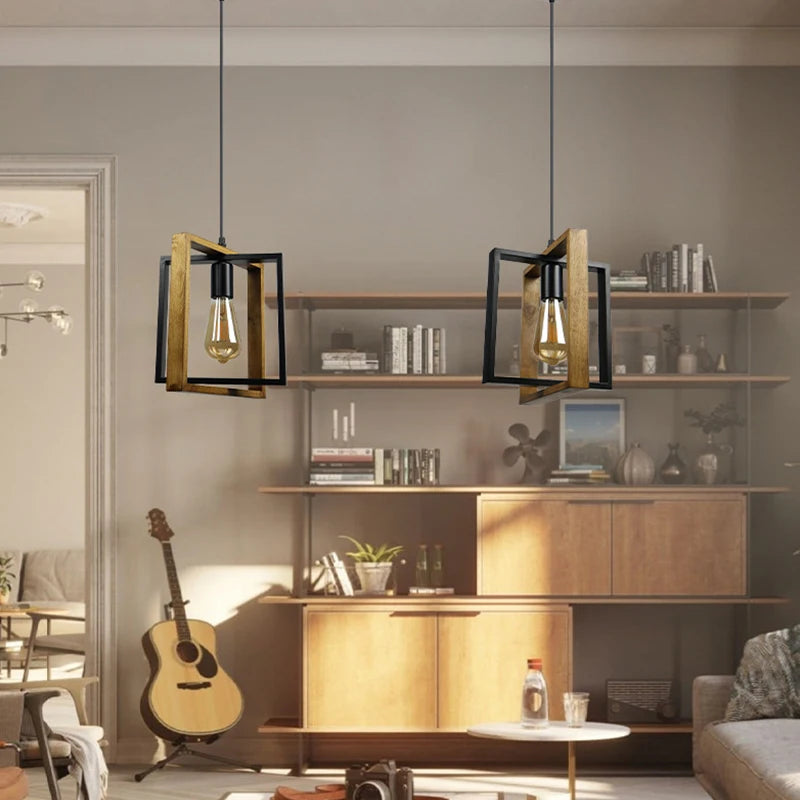 lustre rétro en fer et bois pour bar restaurant - vue 5 sur 7