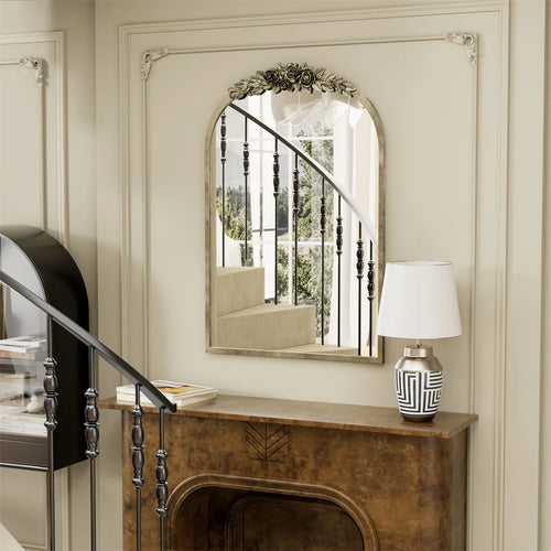 LUVODI Arched Antique Brass Wall Mirror Metal Frame Adorned with Resin Rose Pattern for Entryway,Fireplace,Living Room - vue 4 sur 7