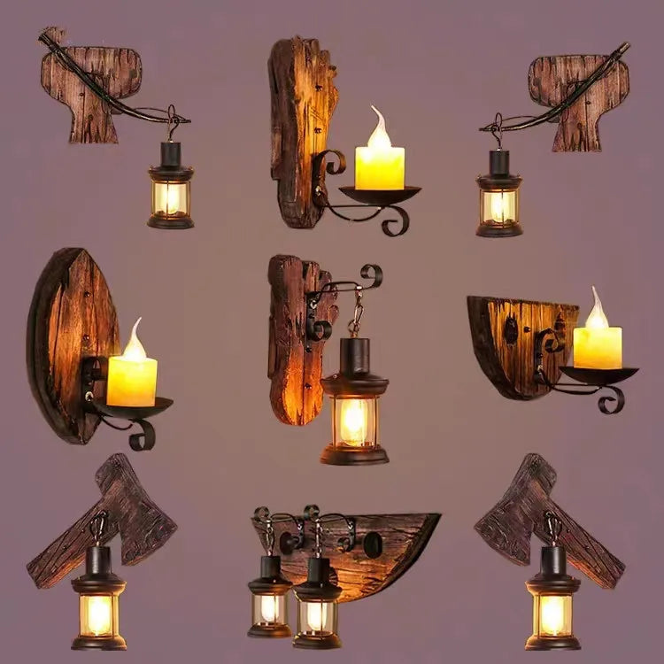 applique murale vintage en bois avec abat-jour en verre et métal - vue 2 sur 16