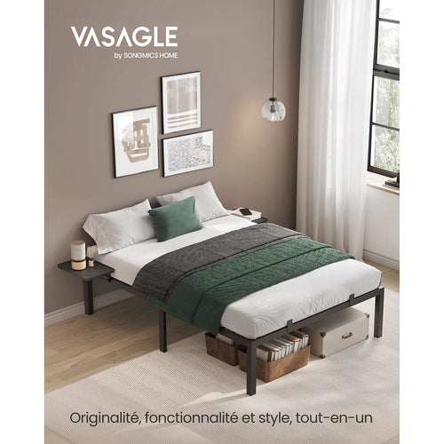VASAGLE Double Bed Frame, Metal Bed Frame, with Bedside Shelves, Guest Bed Frame, for 190 x 140 cm Mattresses, Easy Assembly - vue 2 sur 7