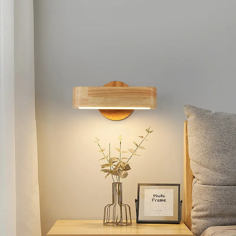 Applique murale intérieure moderne pour chevet chambre salon enfants escalier couloir fond veilleuse lampe circulaire en bois - vue 2 sur 8