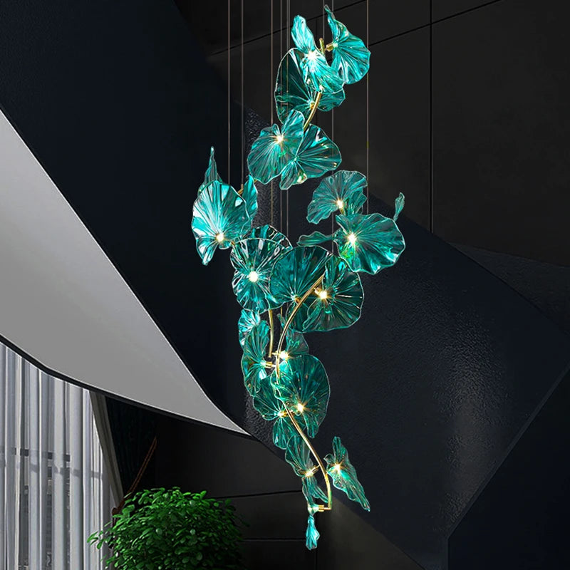lustre artistique avec feuilles de verre suspendu led pour hôtel - vue 6 sur 13