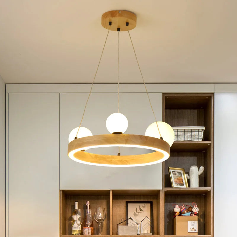 lustre rond moderne en verre et bois pour décoration intérieure - vue 5 sur 8
