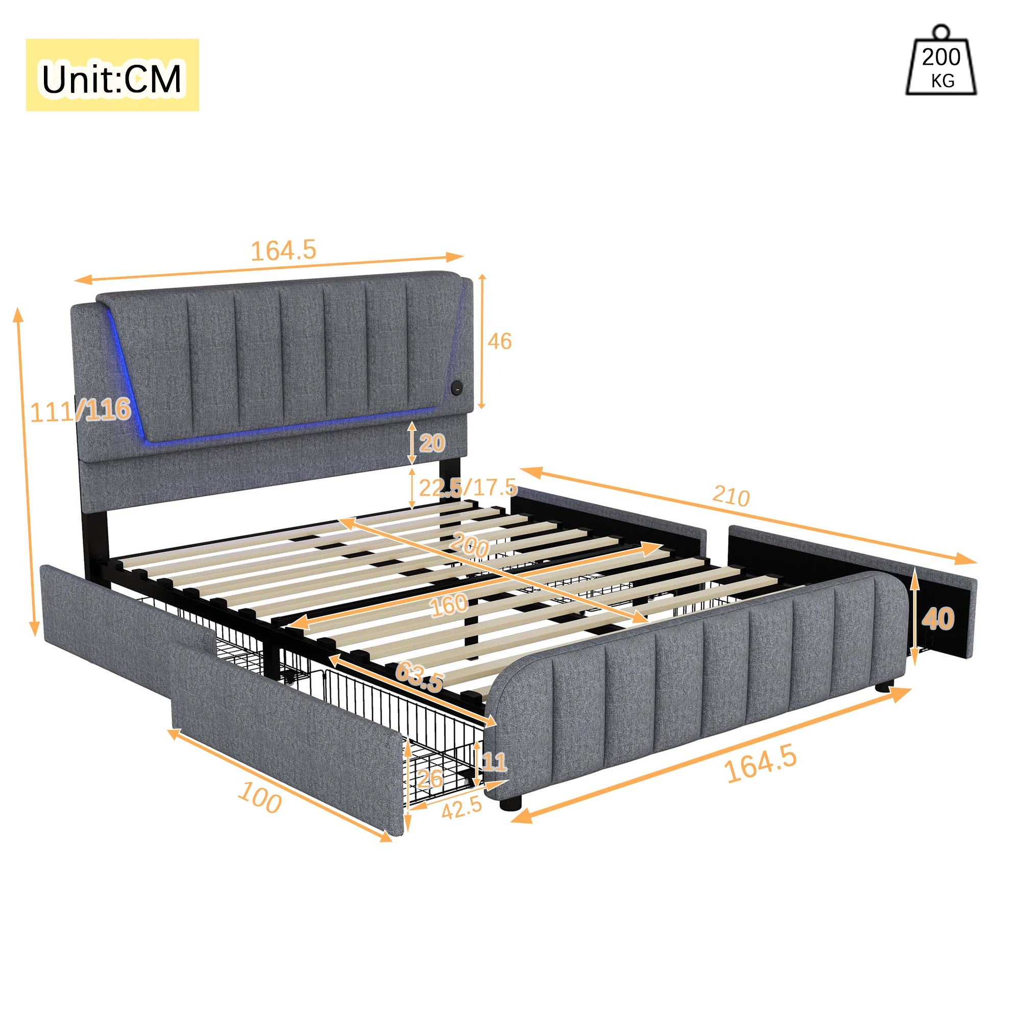 160x200cm, bed with slatted frame (without mattress), bed with four drawers, Adjustable headboard, Linen, Minimalist, Grey - vue 4 sur 6