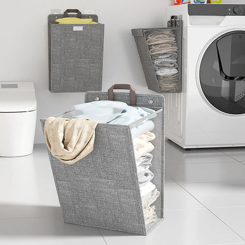 1pc Foldable Adhesive Laundry Basket Hamper, Multifunctional Punch Free Wall Hanging Washing Clothes Mesh Hook Organizer - vue 4 sur 7
