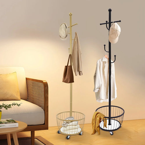 Standing Coat and Hat Hanger Organizer Rack with Mobile Wheel, Entryway Coat Hanger Stand with Storage Basket, Chic Home Tools - vue 2 sur 8
