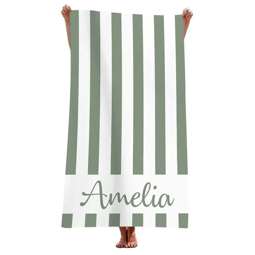 Serviette de plage personnalisee rayee microfibre avec prenom