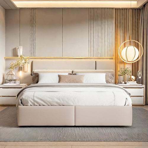 Upholstered Bed, Linen Fabric, without Headboard, Storage Bed, with Slatted Frame and 2 Storage Drawers, Beige, 140 x 200 cm - vue 2 sur 8