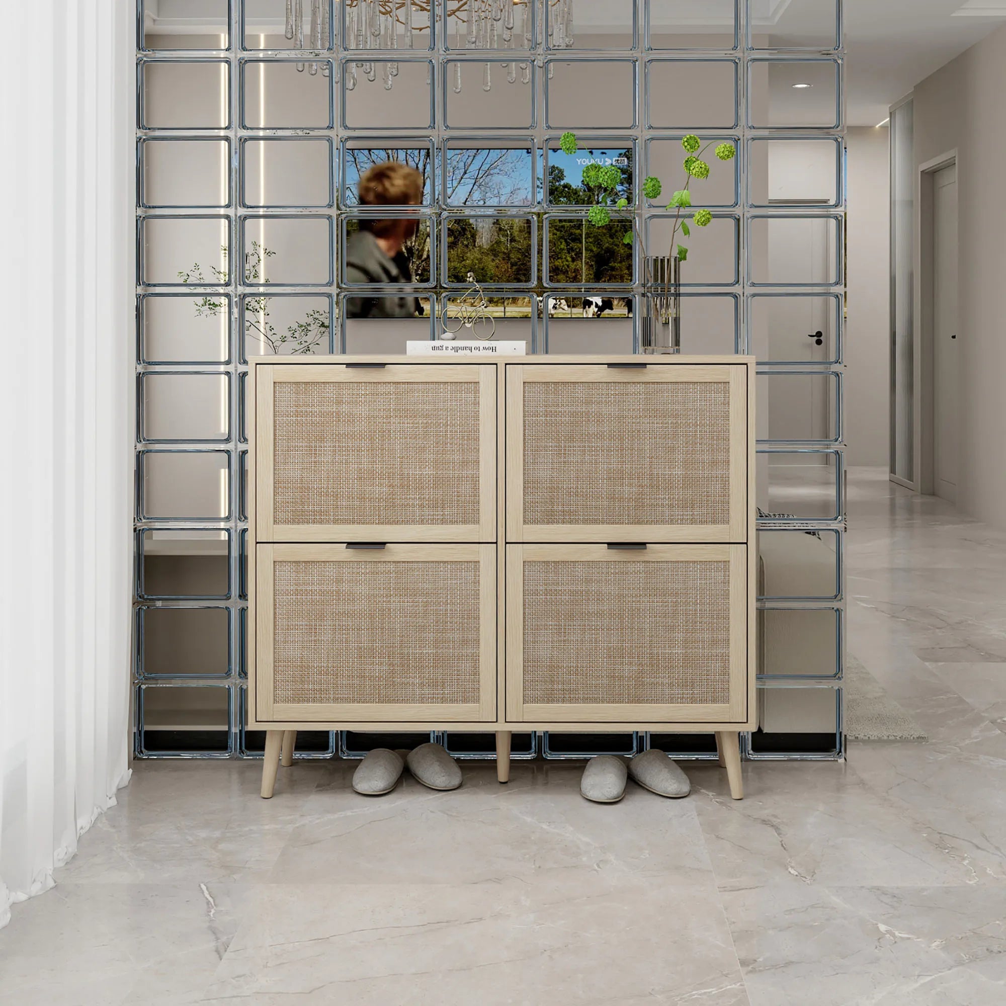 Shoe Cabinet Retro Country House Style, with 4 Rattan Flaps, Wooden Shoe Rack, Shoe Storage Chest for 20-36 Pairs of Shoes