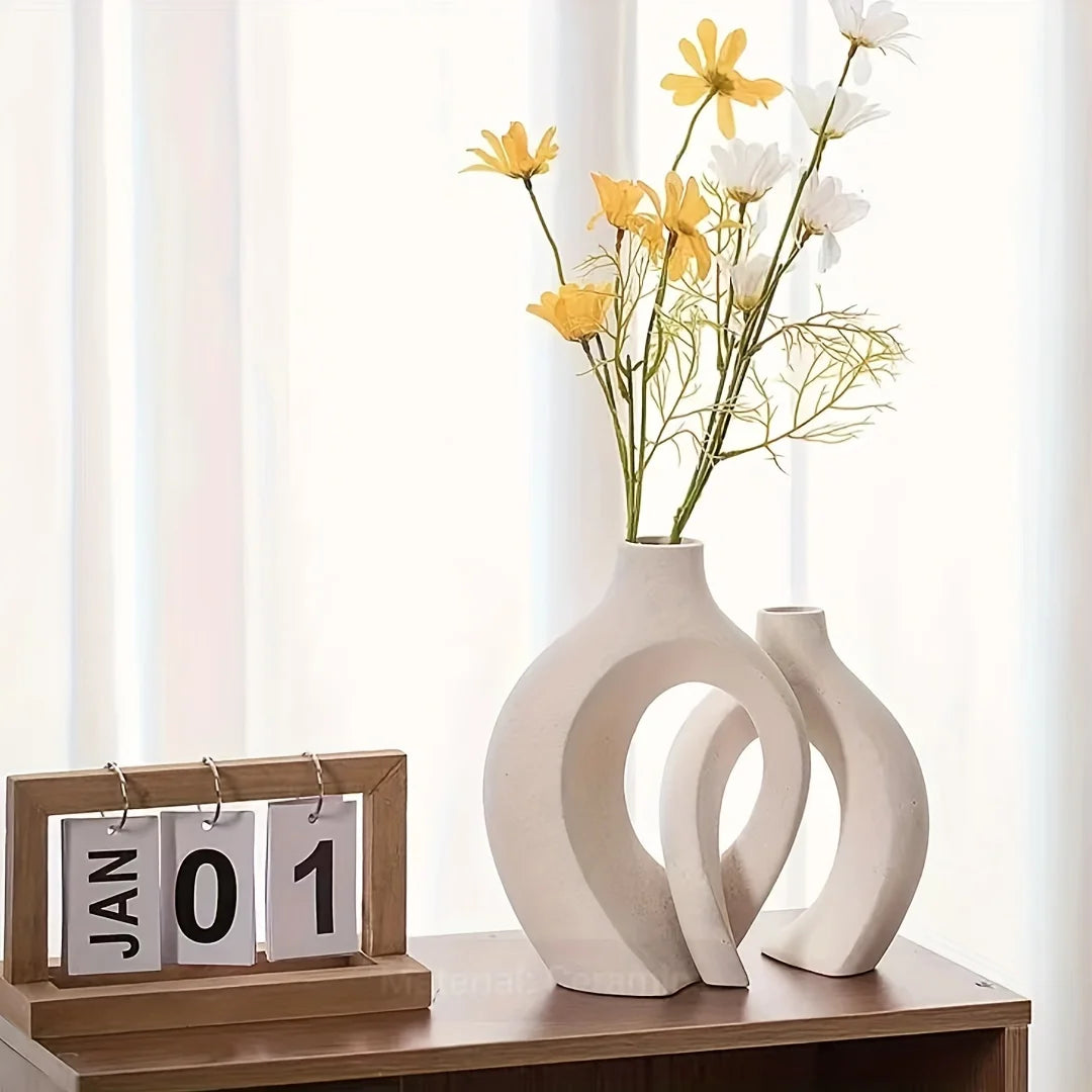 Hollow Nordic Modern Ceramic Vase Set of 2 for Modern Home Decor,Modern Boho Hollow Flower Vases for Living Room Bookshelf - vue 3 sur 8