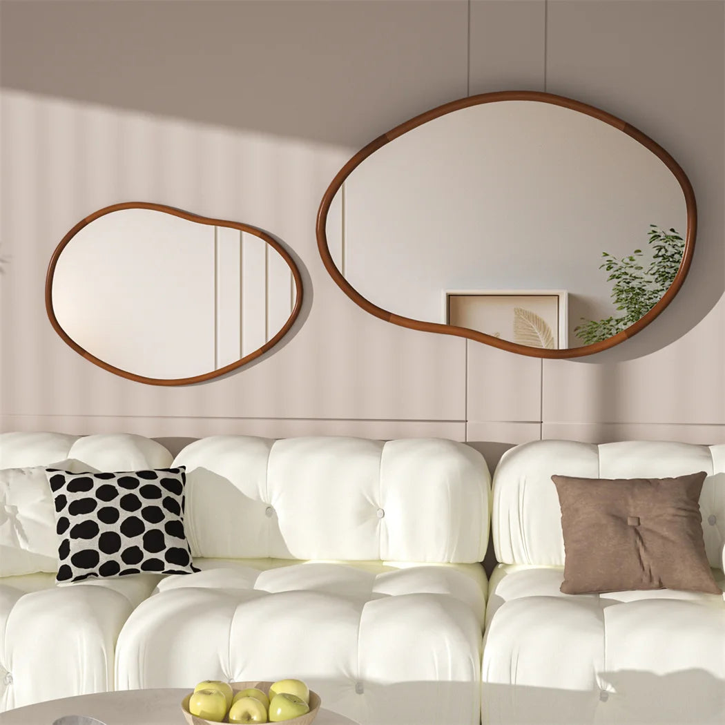 grand miroir mural asymétrique avec cadre en bois naturel - vue 6 sur 7