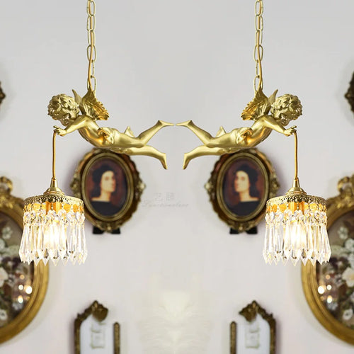 lustre moderne led avec ange en cristal médiéval bronze - vue 3 sur 11