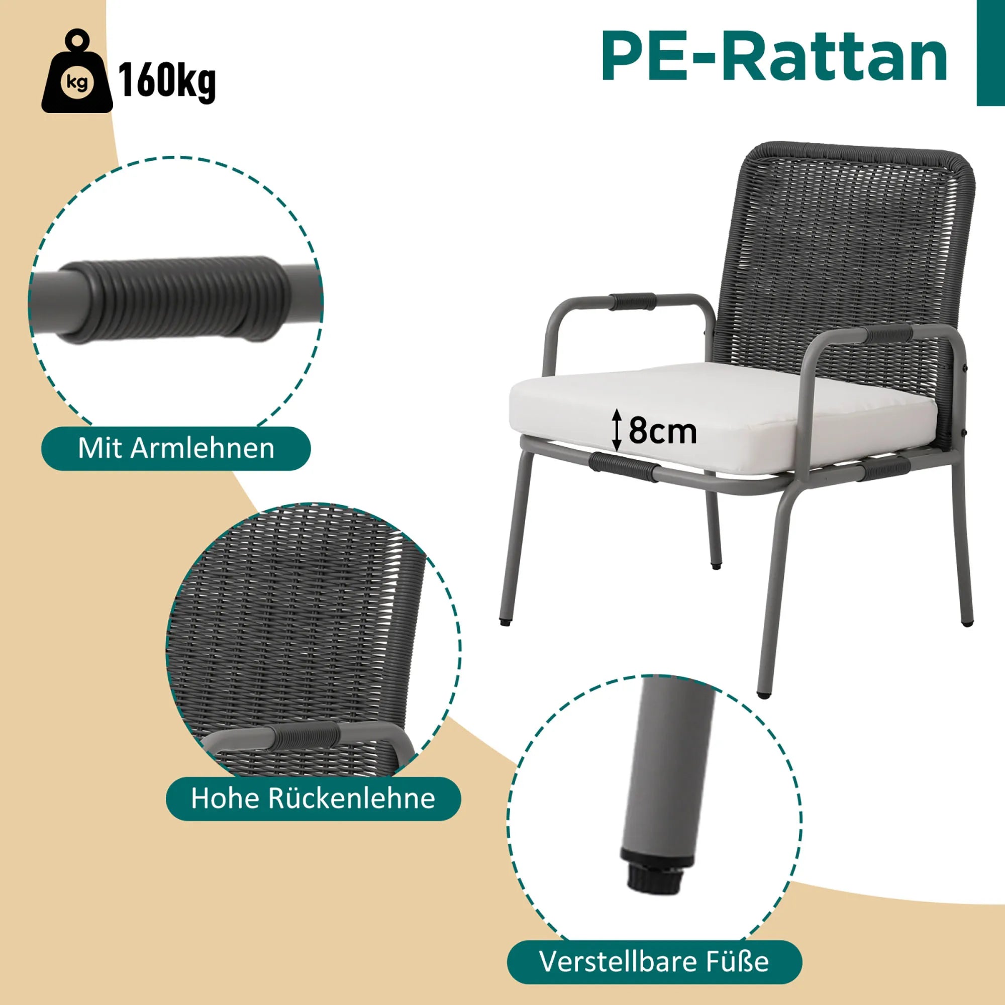 Poly Rattan Furniture Set with Armchair, Coffee Table &amp; Cushions, Removable and Washable Fabric Cover Garden Furniture Set - vue 4 sur 7
