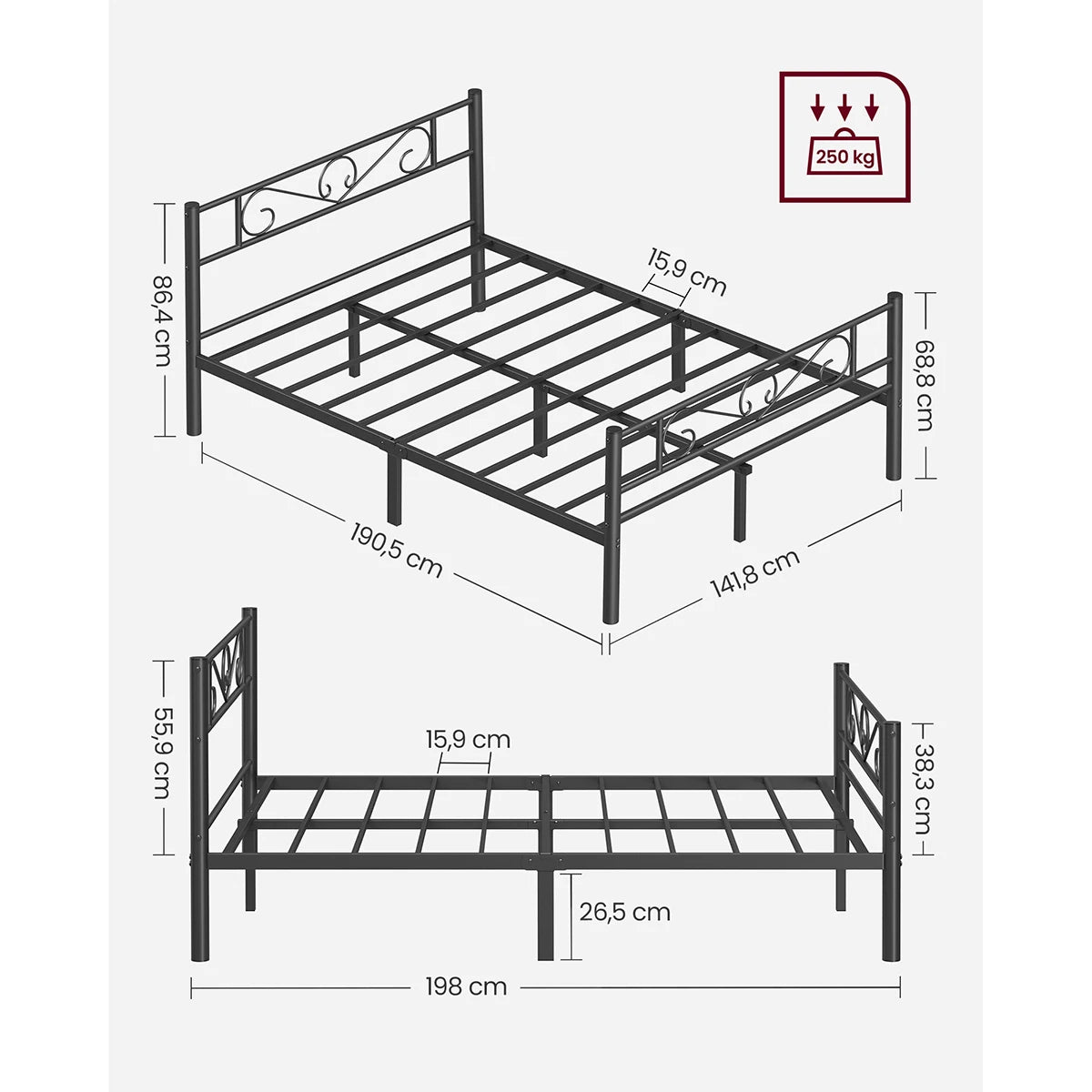 VASAGLE Single Bed Frame, Metal Bed Frame, Fits 90 x 190 cm Mattress, Easy Assembly, for Small Spaces, Guest Room - vue 6 sur 8