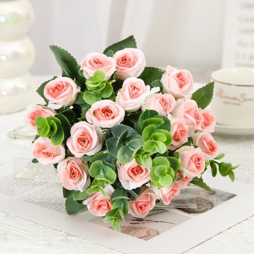 lot de 10 roses artificielles bouquet avec eucalyptus et pivoines décoratif - vue 4 sur 10