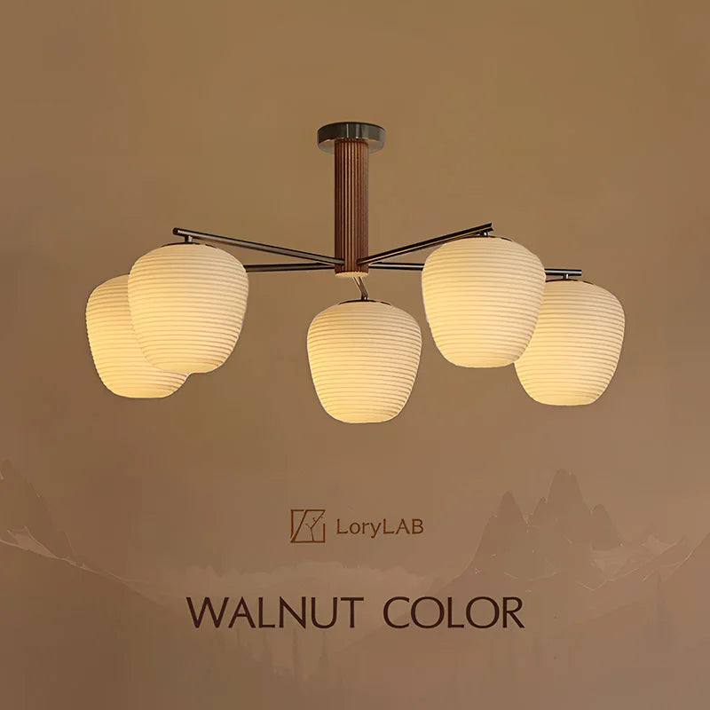 Walnut Wood Brass Fruit Glass, Wabi-sabi Modern Simple style, Chandelier light for Living room, Bedroom, Dining room, Study - vue 2 sur 12