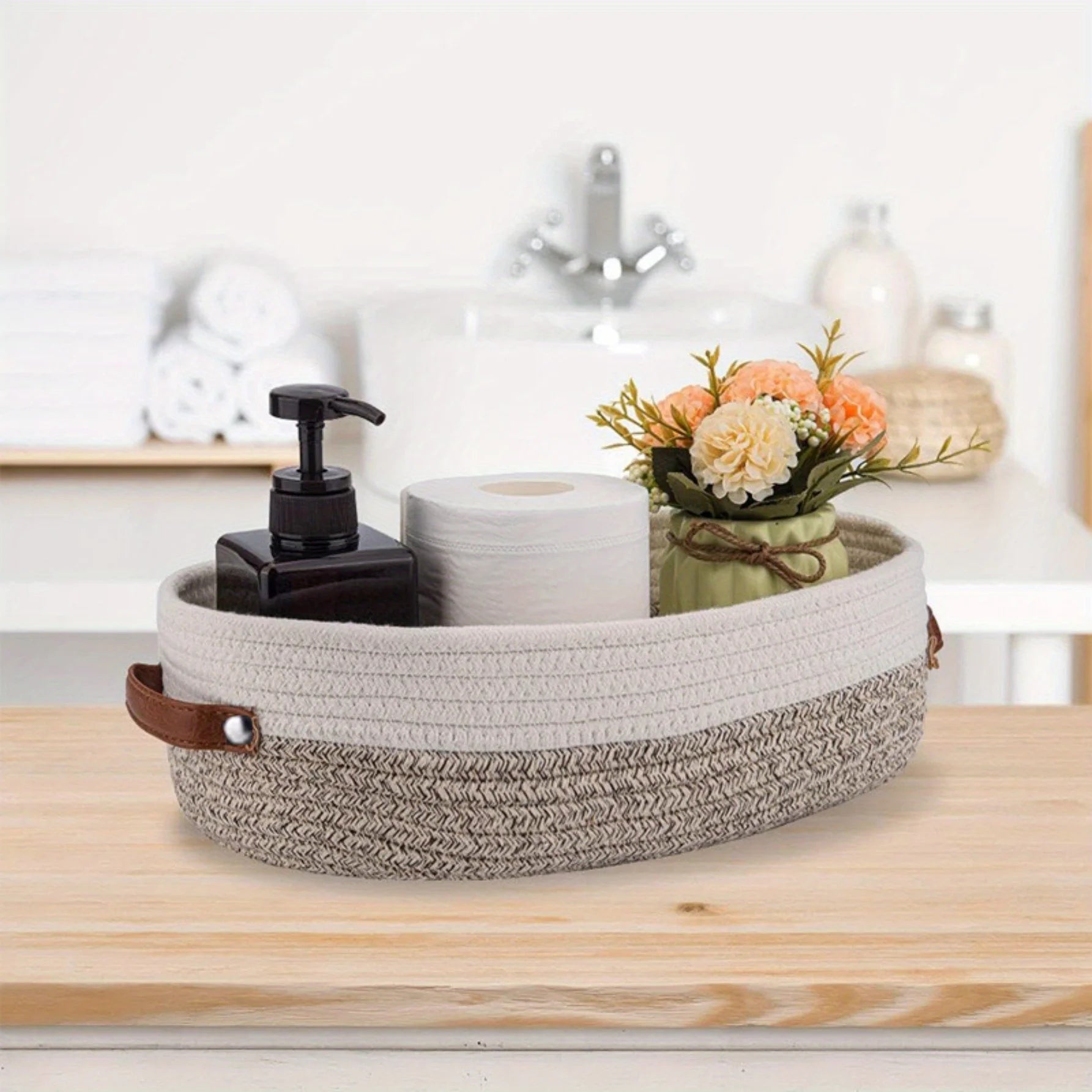 Oval Woven Bathroom Storage Basket, Multifunctional Desktop Organizer, Toilet Paper Holder, Toy Storage Basket - vue 2 sur 7