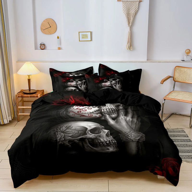 parure de lit florale et crânes de sucre mexicains