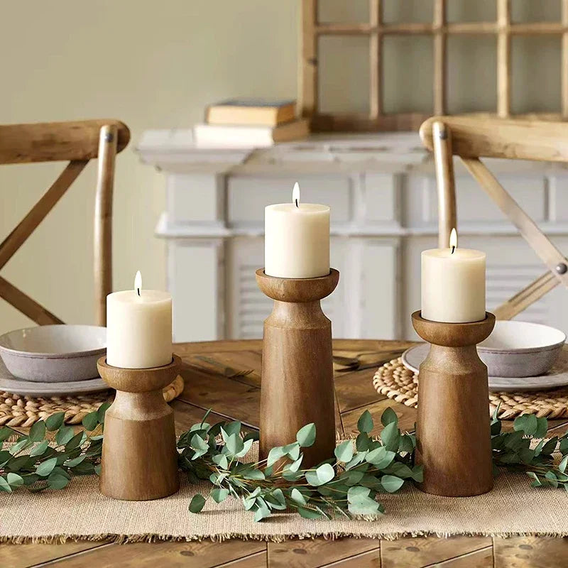 lot de 3 bougeoirs en bois naturel pour décoration rétro de mariage - vue 5 sur 6