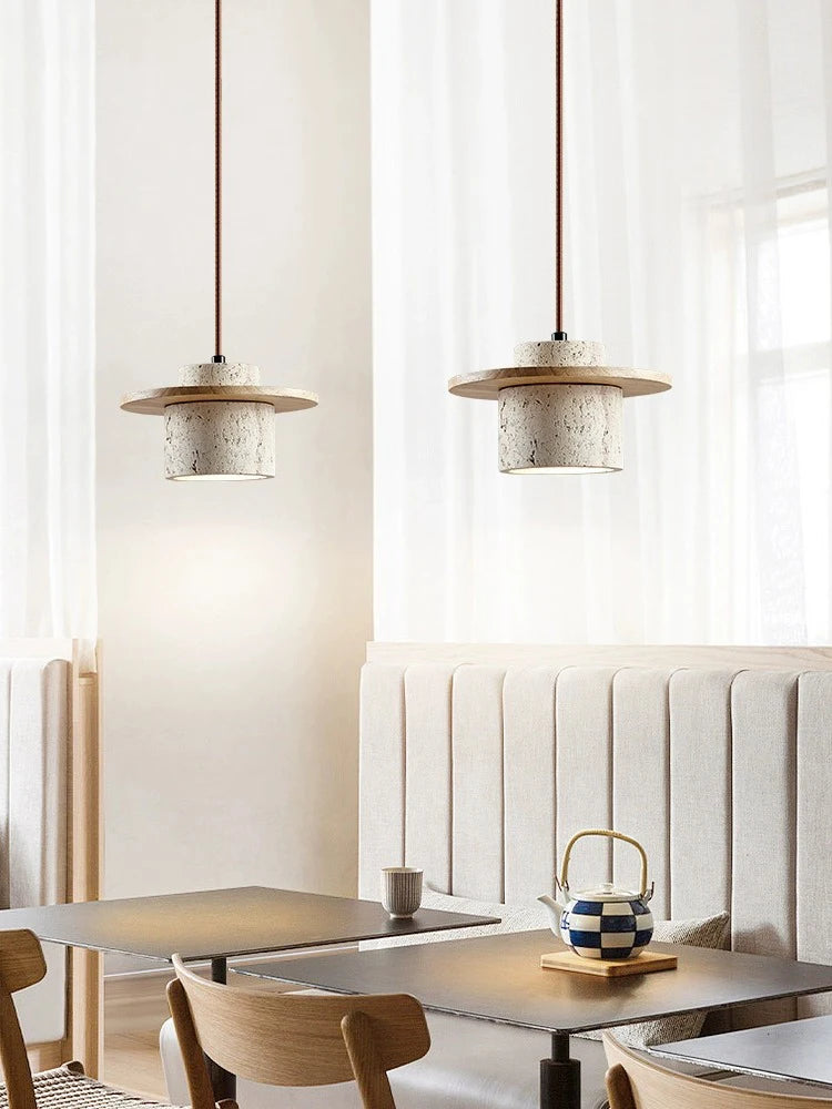 Suspension style japonais led vintage en pierre et bois - vue 3 sur 7