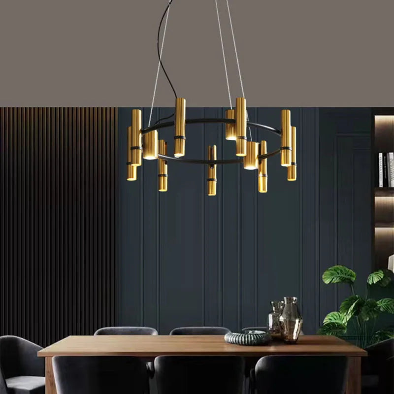 lustre en métal doré avec anneau noir réglable pour divers espaces - vue 4 sur 7