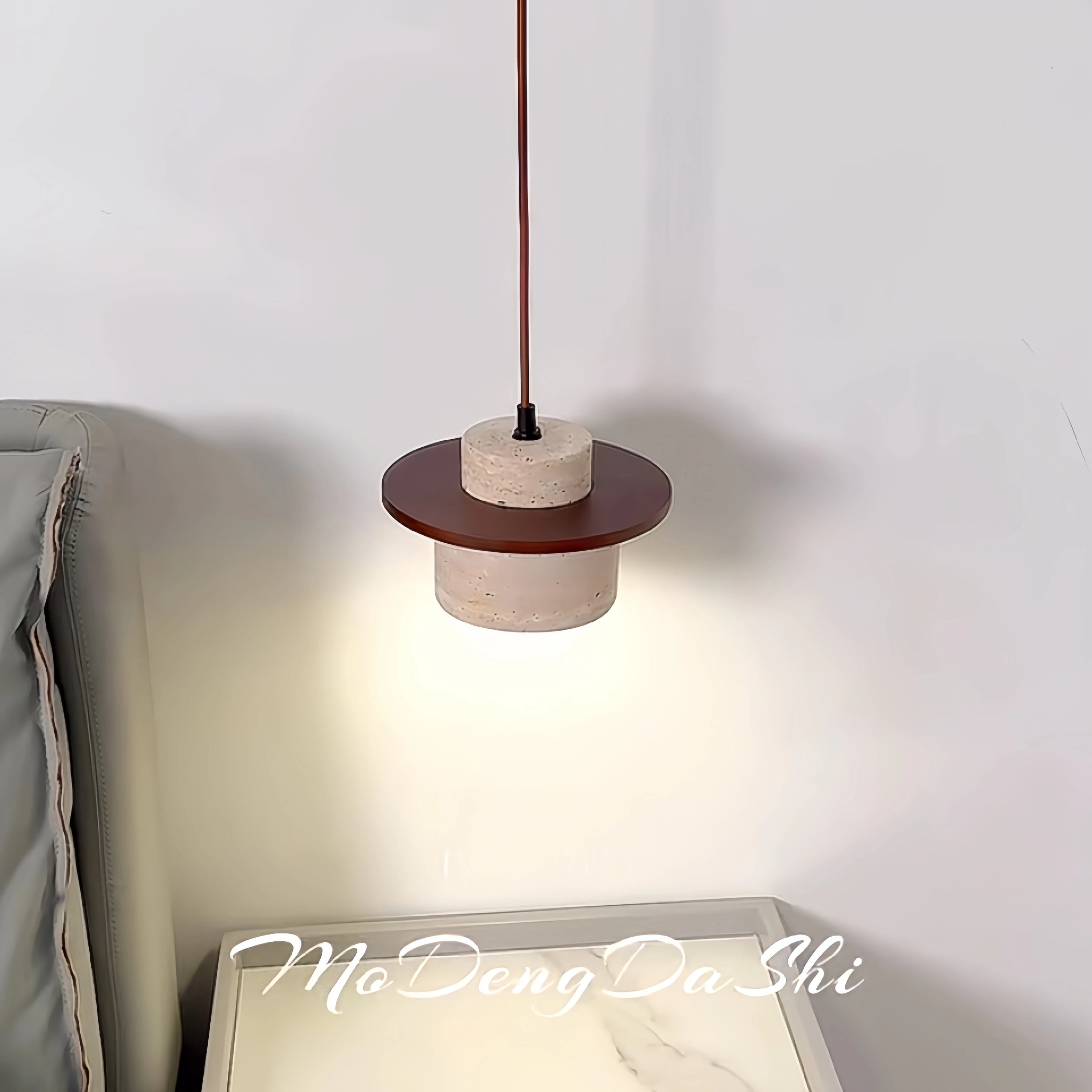 suspension led style minimaliste japonais en noyer et travertin - vue 4 sur 13