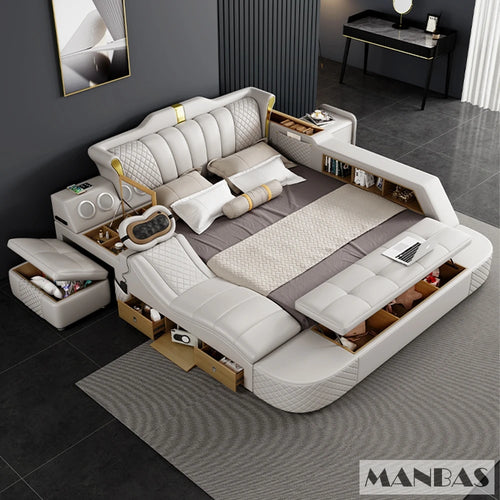 Tech Smart Bed 2 People with King Size Bed Frame Queen, Genuine Leather, Massage, USB, Bluetooth Speaker, and Safe By MINGDIBAO - vue 3 sur 8