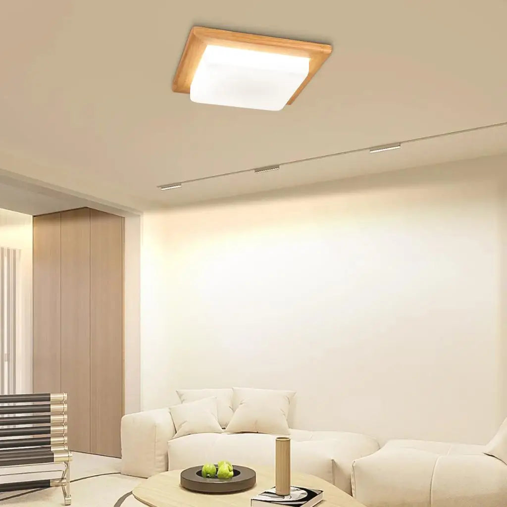 plafonnier carré moderne en bois avec leds design créatif - vue 4 sur 7