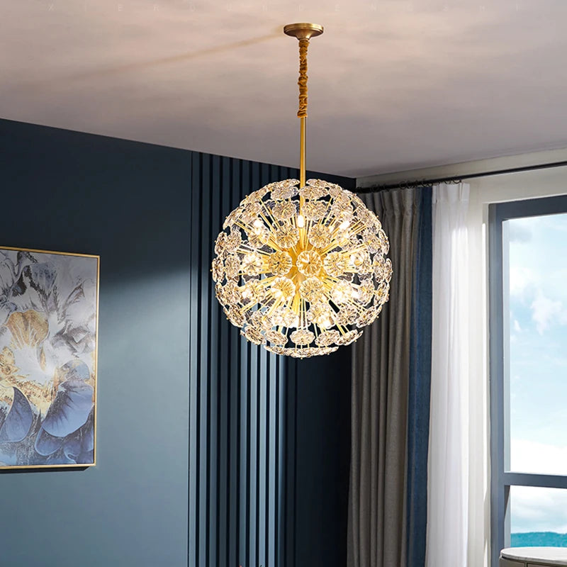 lustre suspendu en cuivre avec cristaux de pissenlit rond - vue 4 sur 12
