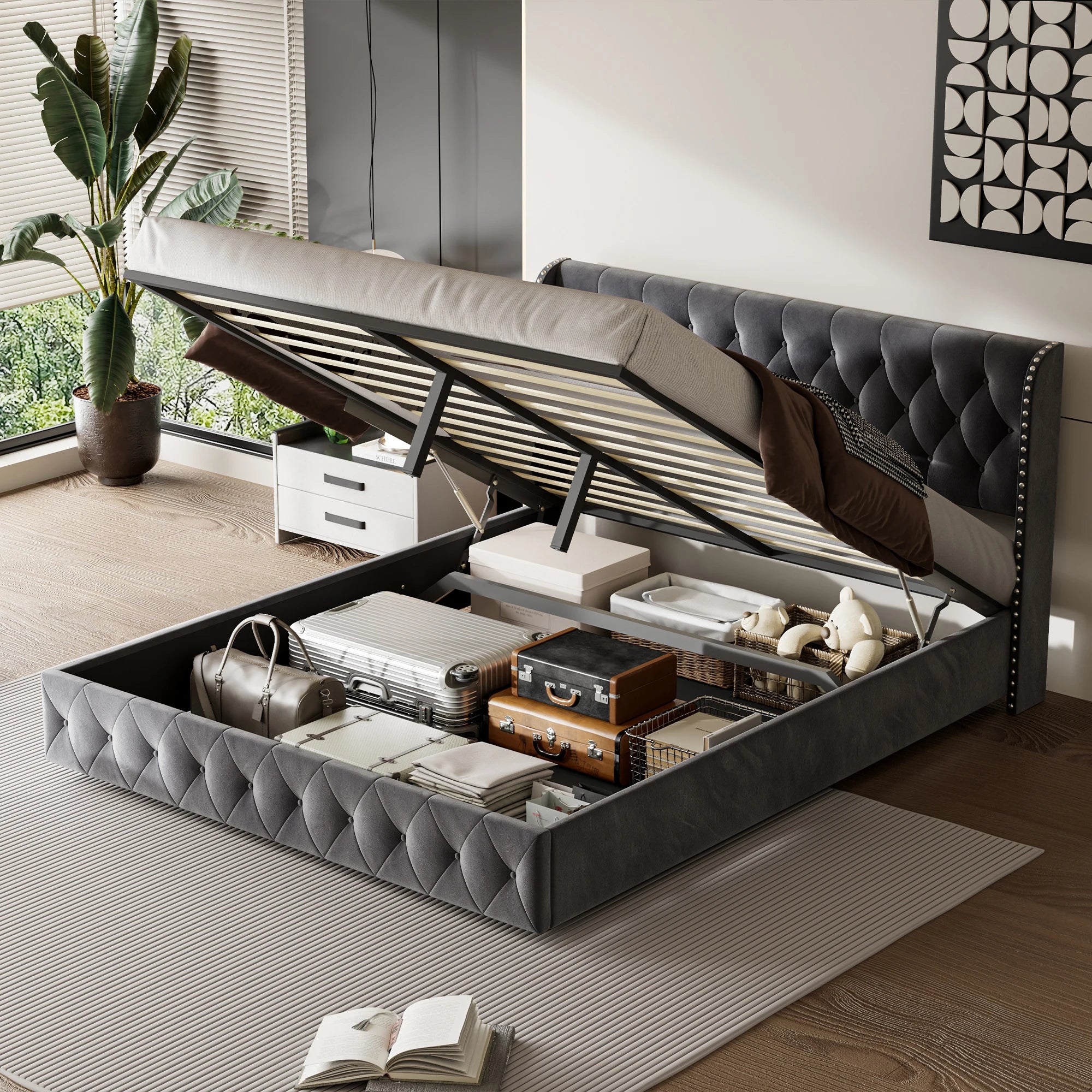 Modern Velvet Upholstered Bed 180 x 200 cm, Bed with Padded Headboard, Bed for Bedroom and Guest Room, Velvet, Without Mattress - vue 5 sur 6