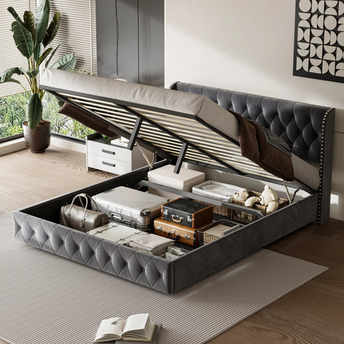 Modern Velvet Upholstered Bed 180 x 200 cm, Bed with Padded Headboard, Bed for Bedroom and Guest Room, Velvet, Without Mattress - vue 6 sur 6