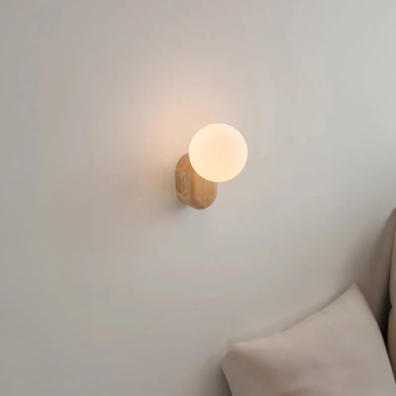 Spherical Glass Walnut Wood, Modern Wabi-Sabi Minimalist Style, Wall Sconce Light for Living Room, Dining Room, Bedroom, Study - vue 2 sur 6